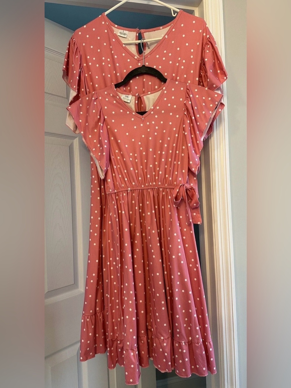 Mom & Me Two Matching Dresses Pink Polka Dot Ruffle Sleeve
